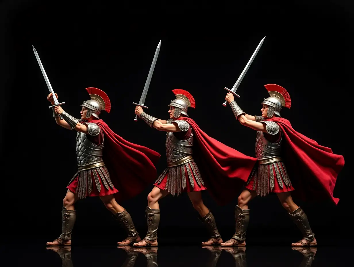 Three-Roman-Centurions-in-Aggressive-Attack-Stance-with-Gladius-Swords
