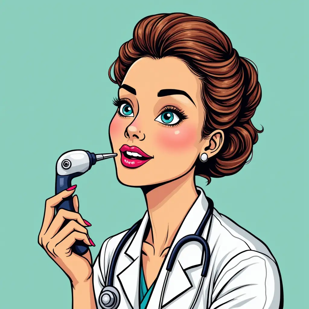 A female otolaryngologist doctor with a nasal speculum in pop art style