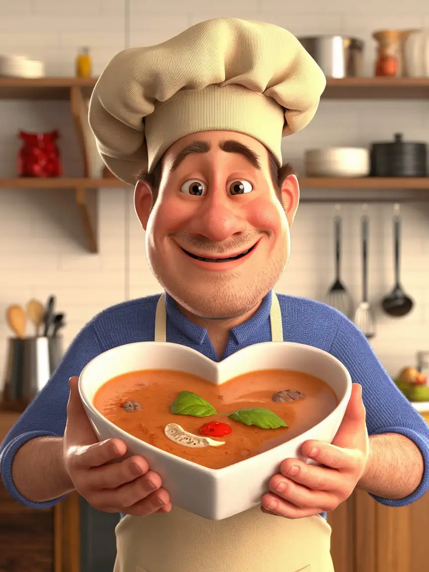 Funny-Man-Holding-HeartShaped-Soup-Plate-in-Kitchen-with-Chefs-Hat-and-Apron