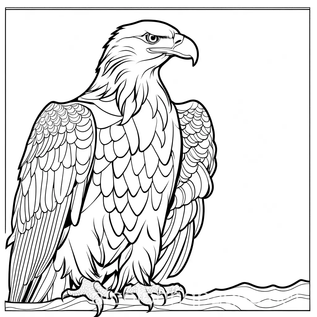 Eagle , Coloring Page, black and white, line art, white background, Simplicity, Ample White Space. The background of the coloring page is plain white to make it easy for young children to color within the lines. The outlines of all the subjects are easy to distinguish, making it simple for kids to color without too much difficulty