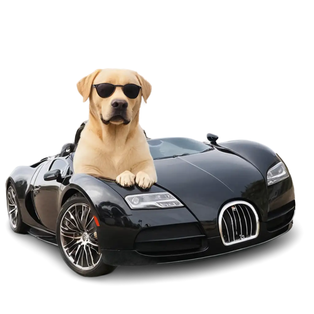 Labrador driving a bugatti with us sun glasses on captured from the outside