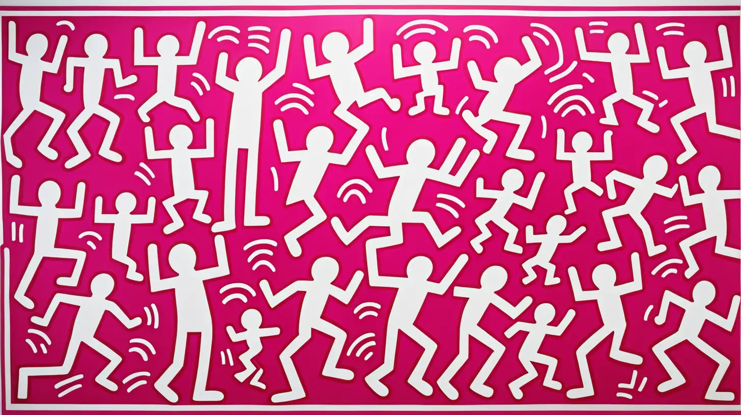 Keith Haring Style Artwork with Pink and White Repeating Patterns and Female Characters