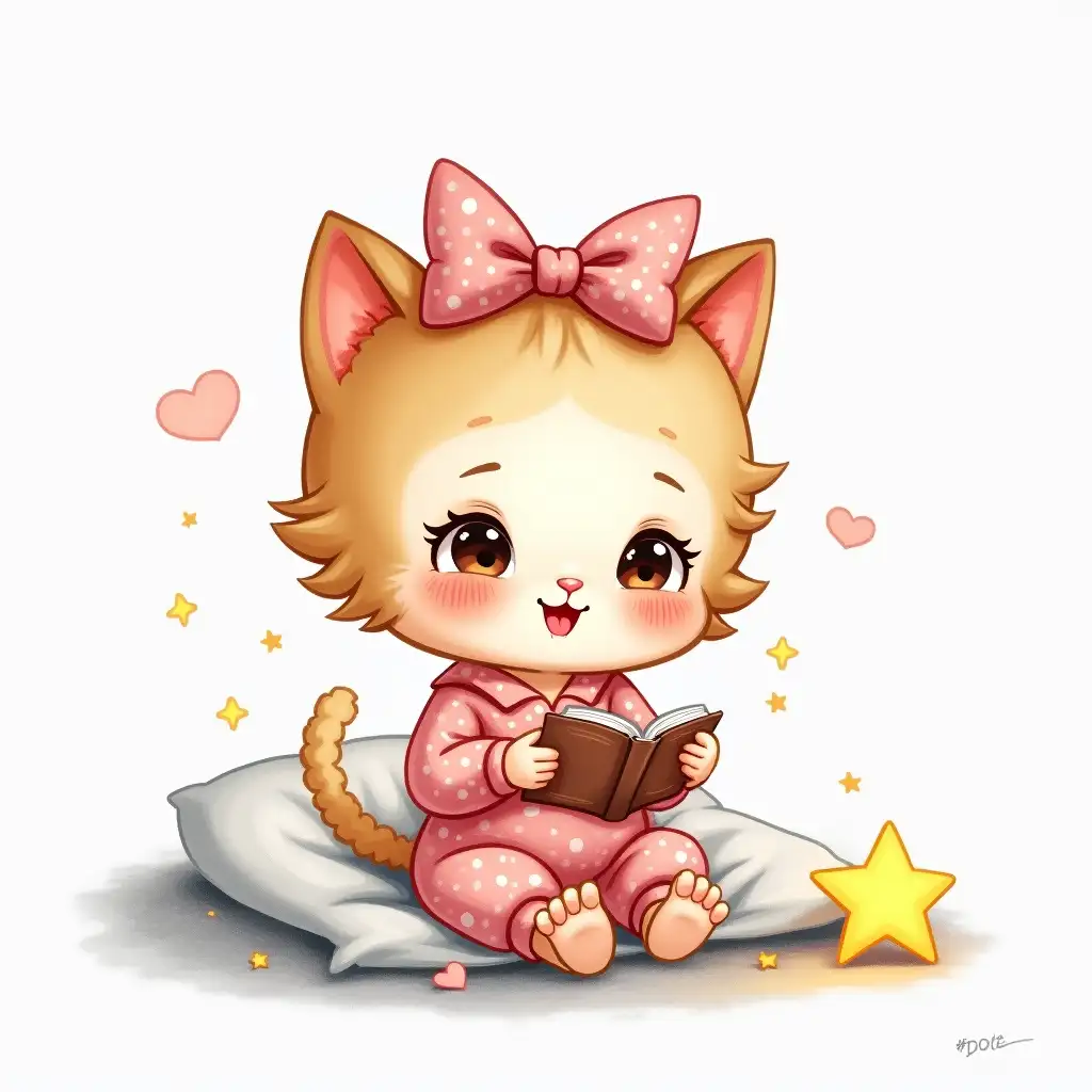 A very small and cute cat girl in polka dot pajamas and with the same bow stands straight, smiles, showing her first tooth. sitting reading a book. Next to a pillow there is a glowing star. Oil painting, watercolor, oil painting, high detail, 4k, bright colors, bedroom, cartoon, white background