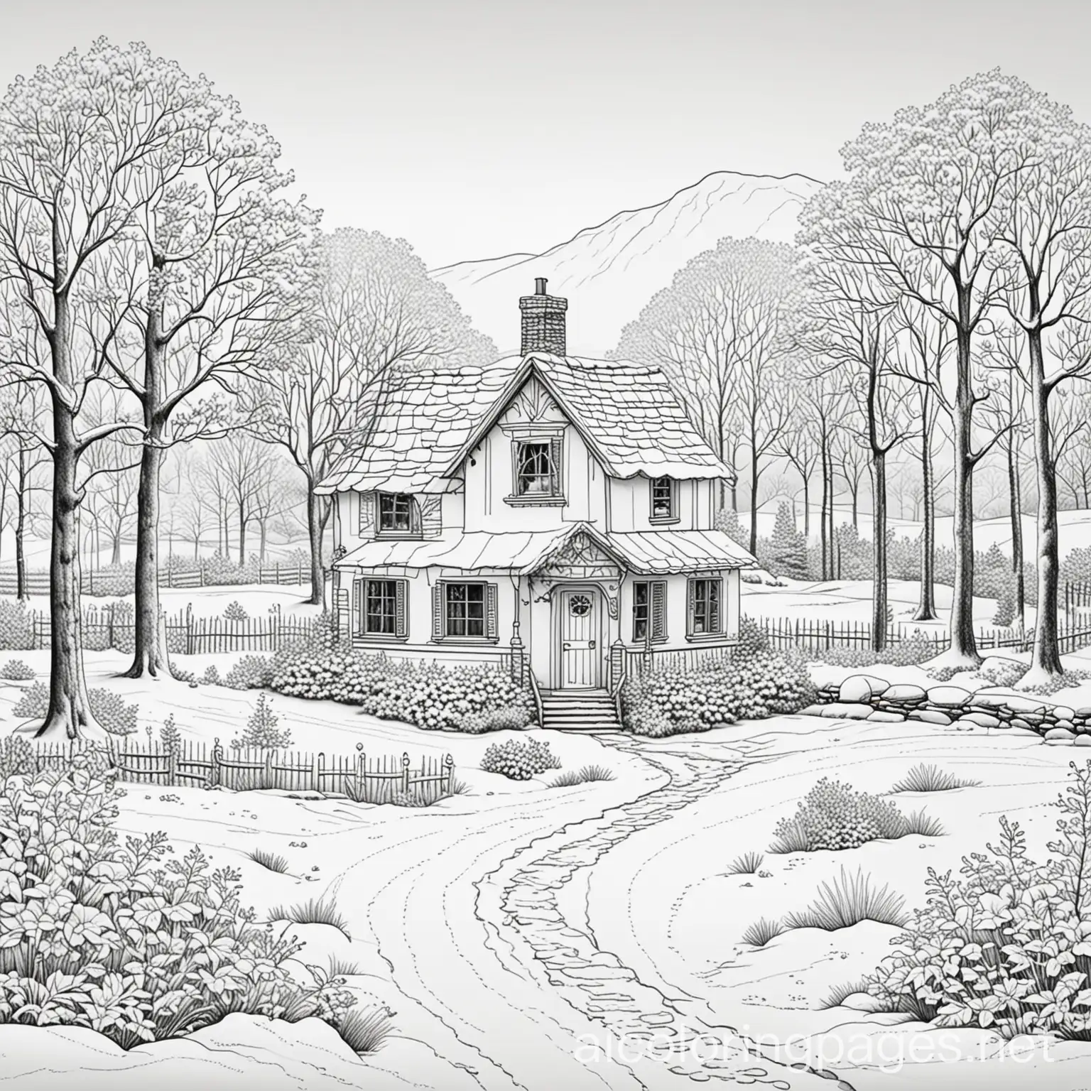 Winter-Country-Cottage-Coloring-Page-with-Ample-White-Space