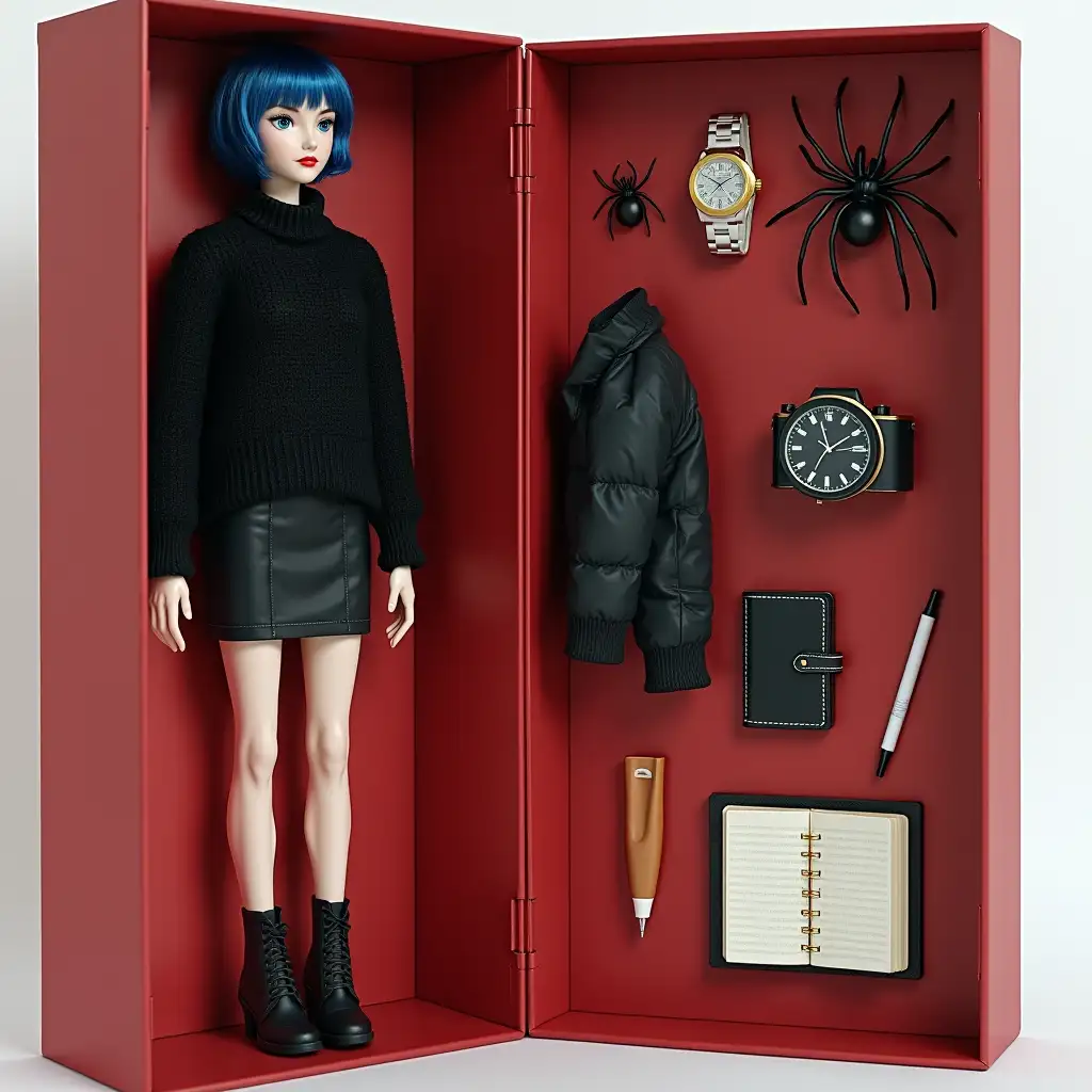 Create an action-figure doll. The figure is full size and located inside a red box to the right along with its accessories: cigarette, notebook, spider. On the top of the box write Katerina, additional information about appearance: pale skin, dark blue hair, black sweater, black short skirt. The image should be as realistic as possible.