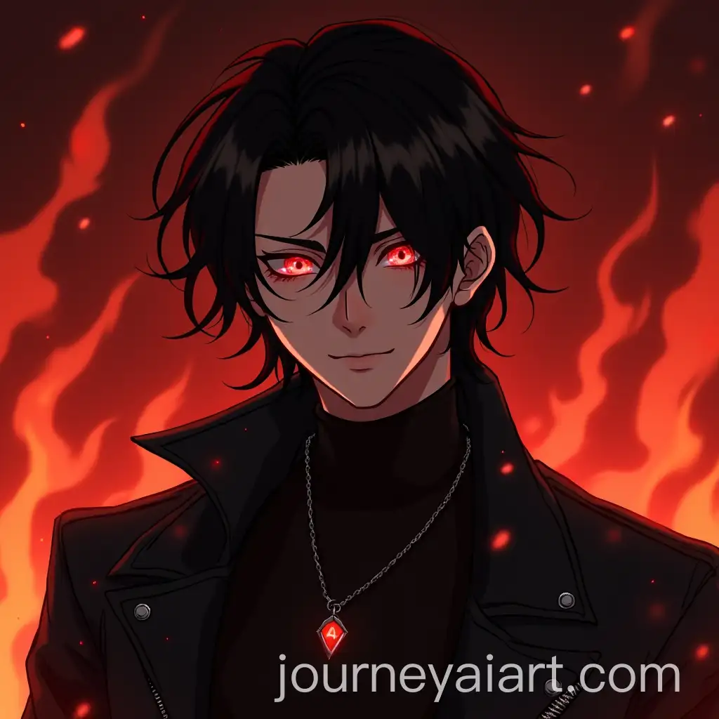 Handsome-25YearOld-Man-with-Black-Hair-and-Red-Eyes-in-Black-Leather-Jacket-Against-Flame-Hell-Background