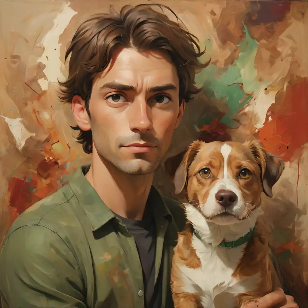 Abstract-Painting-of-a-Pet-and-Male-Owner-in-Brown-Red-and-Green-Tones