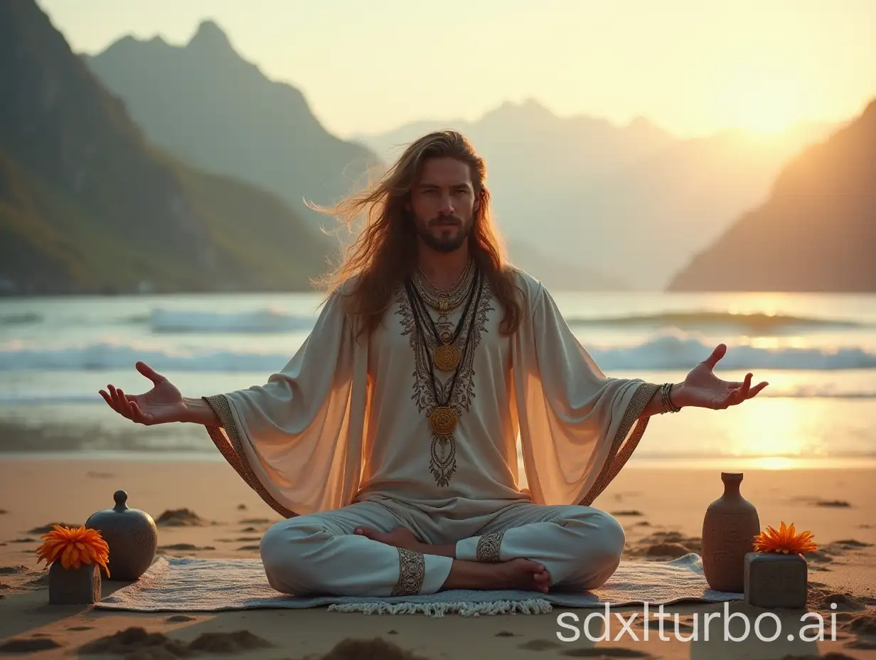 a far nordic young male yogi, long flowing hair, adorned tunic with runes, mystical necklaces, magical symbols, extended arm yoga pose, serene sandbeach, tranquil seashore, yoga mats with runic patterns, ancient carved runic stones, vibrant flowers, majestic mountains backdrop, enchanting nordic sunrise atmosphere, ethereal lighting, dreamy pastel colors, soft golden glow, misty aerial perspective, intricate costume details, sacred geometry, harmonious composition, idyllic scenery, otherworldly ambiance