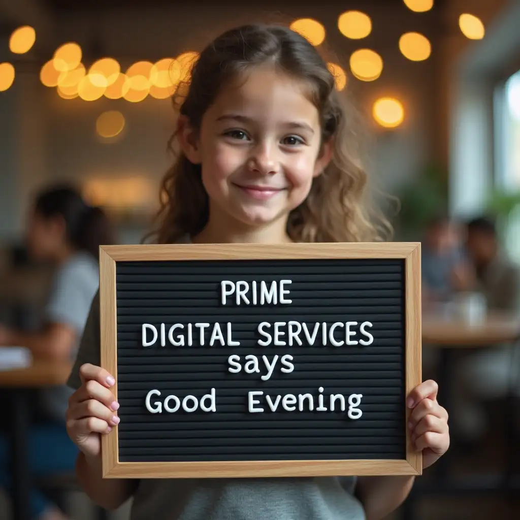 a girl who holds a board where it is written 'Prime Digital Services says good evening'