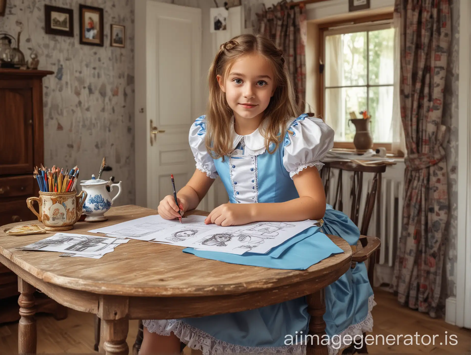 girl dressed in alice in wonderland outfit. sitting at desk draw a photo located in a small cottage house.