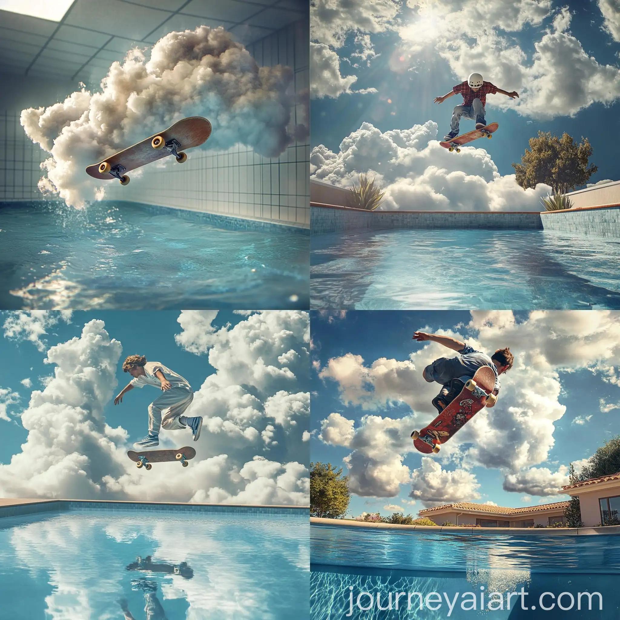 Old-School-Skateboarders-Performing-Tricks-in-a-CloudFilled-Pool