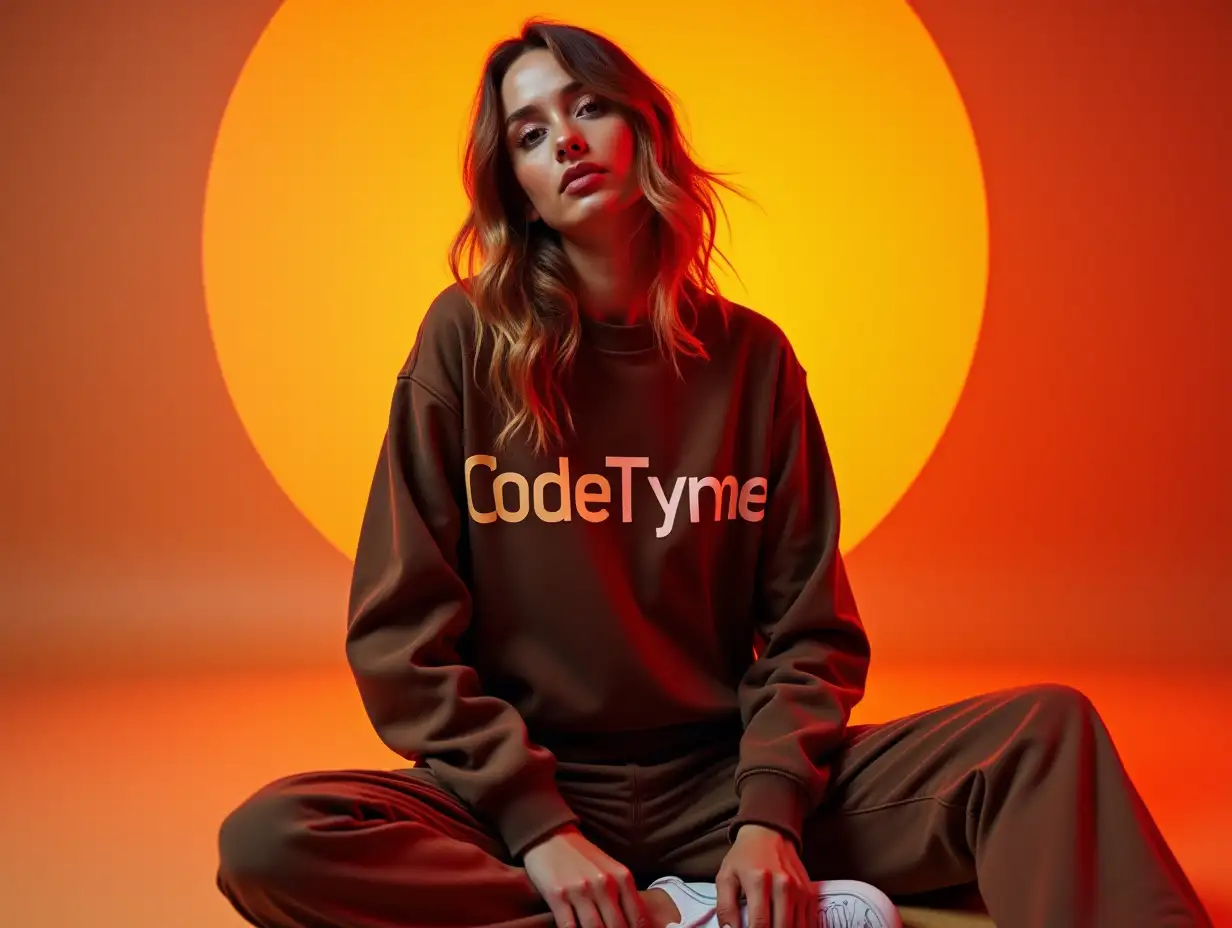 wide and low angle, cinematic, fashion photography for the brand CodeTyme. Woman sitting on floor wearing a CodeTyme heattech top with big letters 'CodeTyme' logo text, and brown chinos. The background is a gradient, velvet sun, studio setting