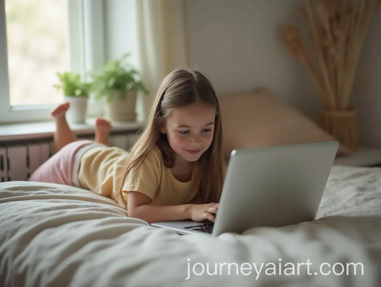 Young-Girl-Using-Laptop-in-Cozy-Bedroom-Setting
