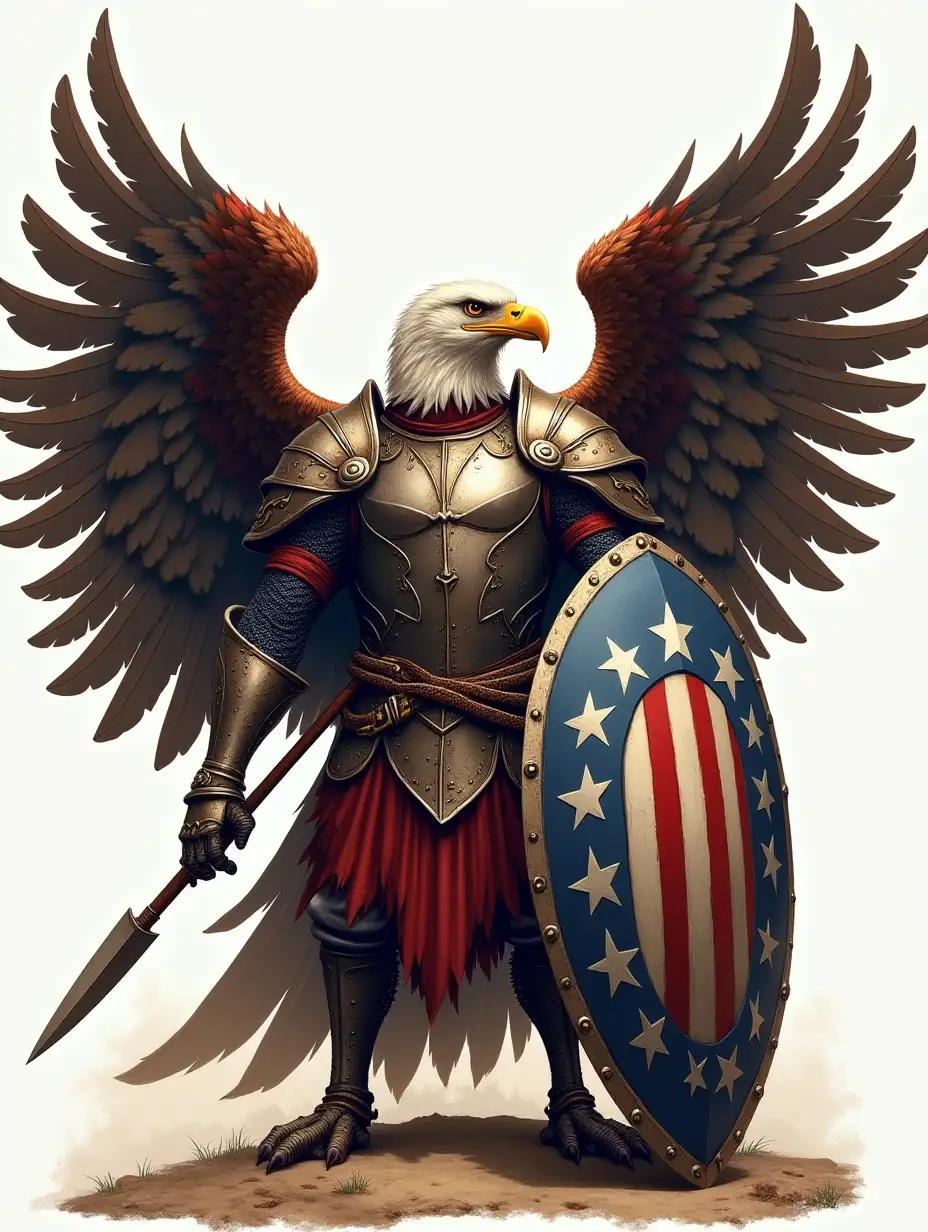 Picture a strong eagle, wearing armor made of steel feathers. It holds a spear and shield with stars and stripes, ready to defend its land with powerful wings.