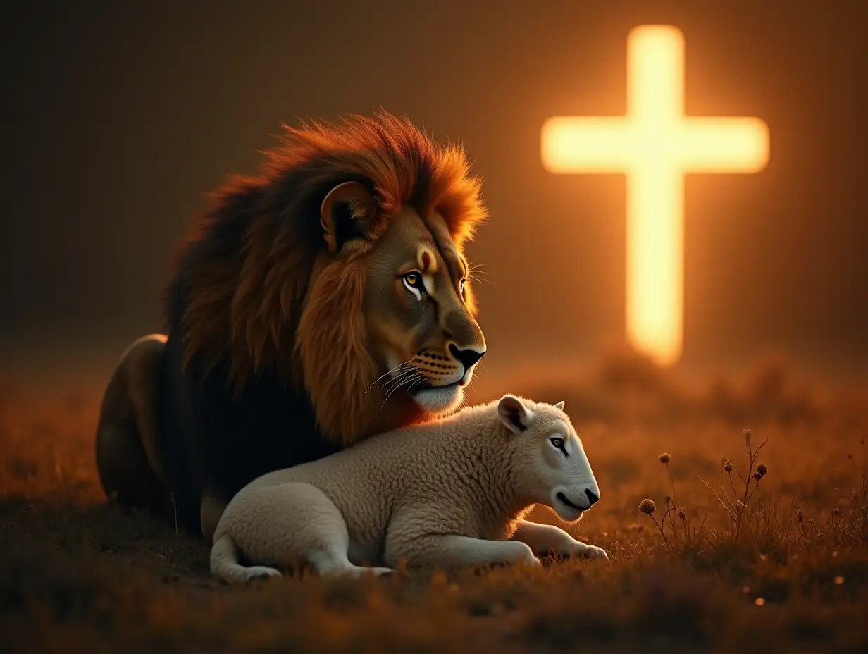 a realistic photo of a lion protecting a lamb with a glowing cross in the background