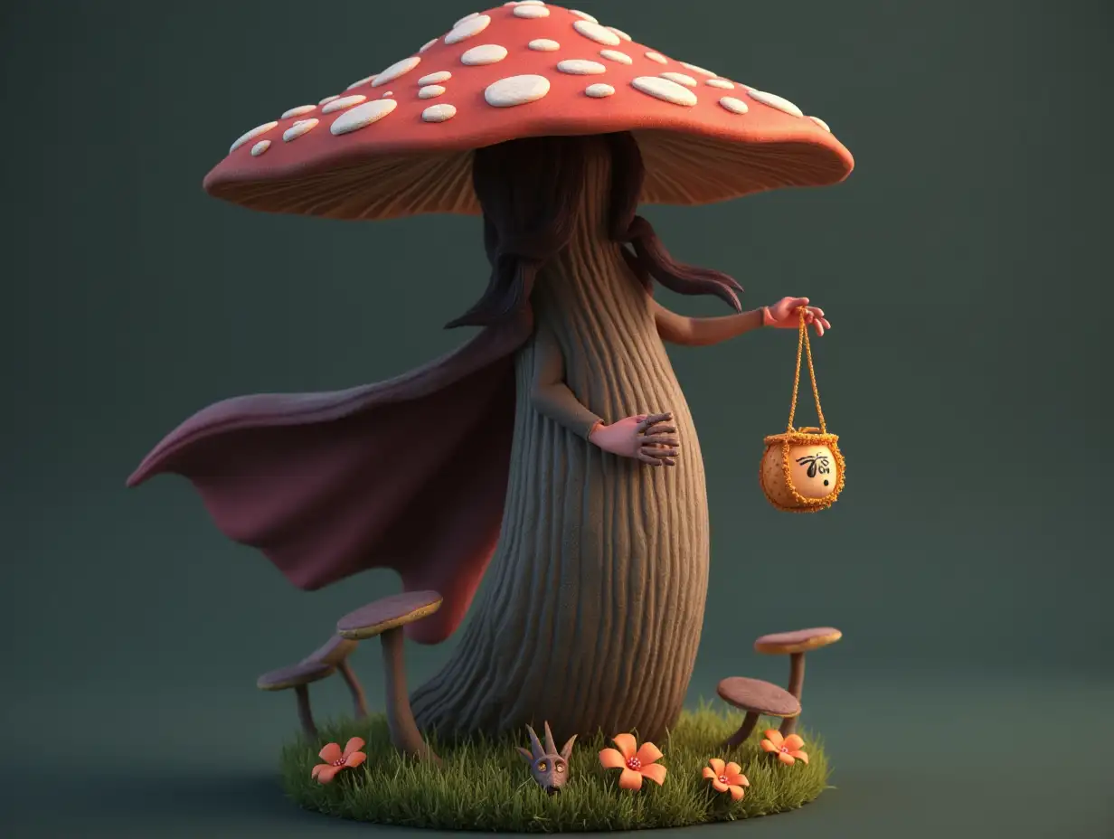 A beautiful witch with mushroom head 3d rendering