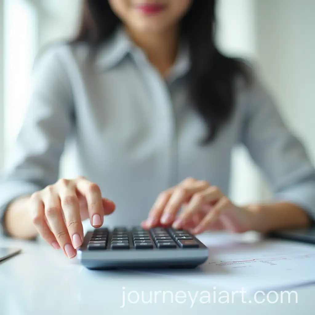 Chinese-Business-Woman-Typing-on-a-Calculator-in-White-Office