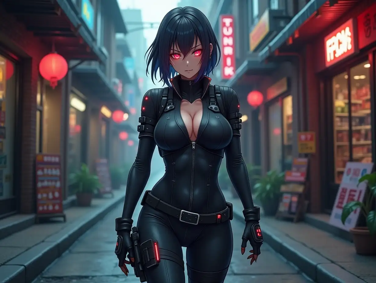 Short hair, mature Asian woman thief cyber runner in a dynamic full-length pose, eyes with red electronic pupils, large breast, extreme skintight body glove zipped down with cleavage, combat boots and combat belt. Full view of her body from boots up, low wide angle. Future store filled city alley street. Anime