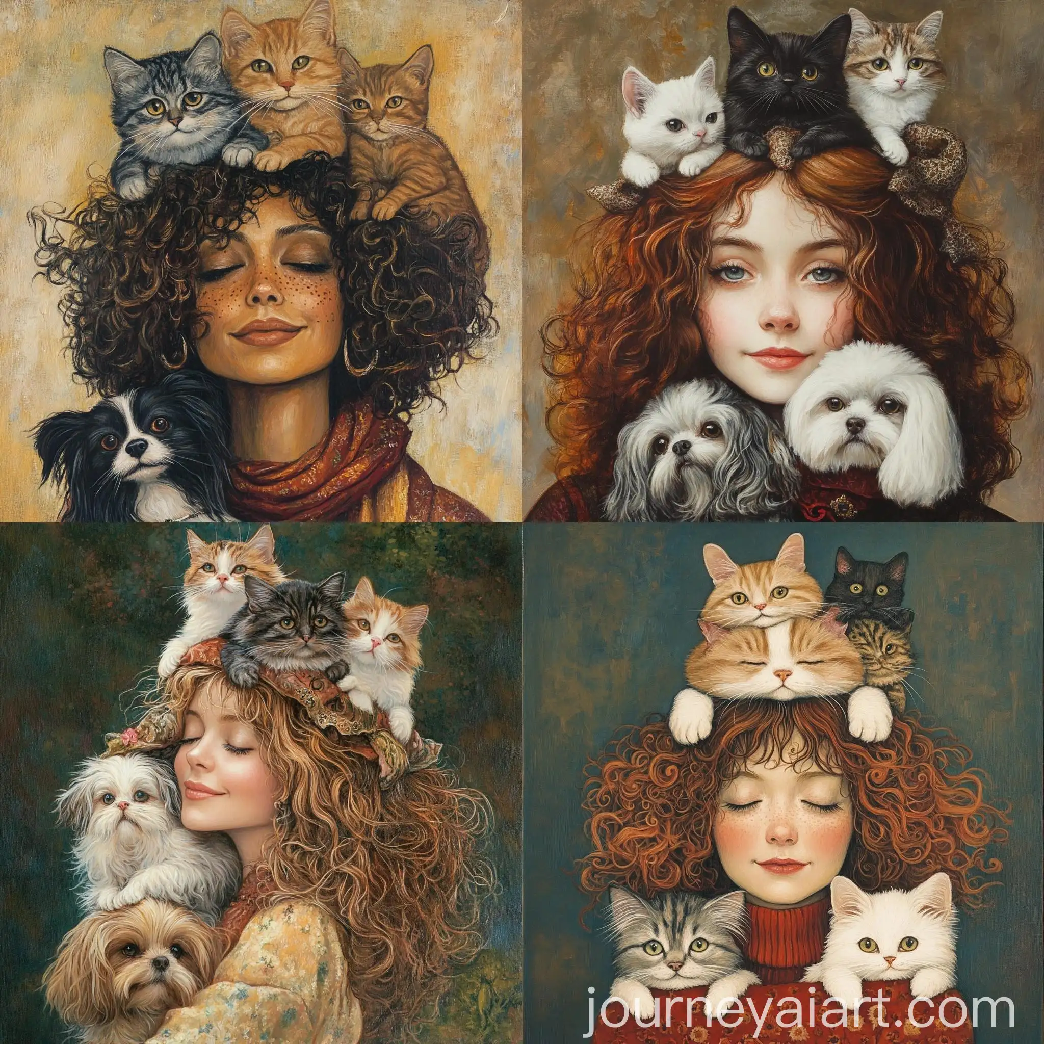 Woman-with-Curly-Hair-Carrying-Shih-Tzu-Dogs-and-Cats