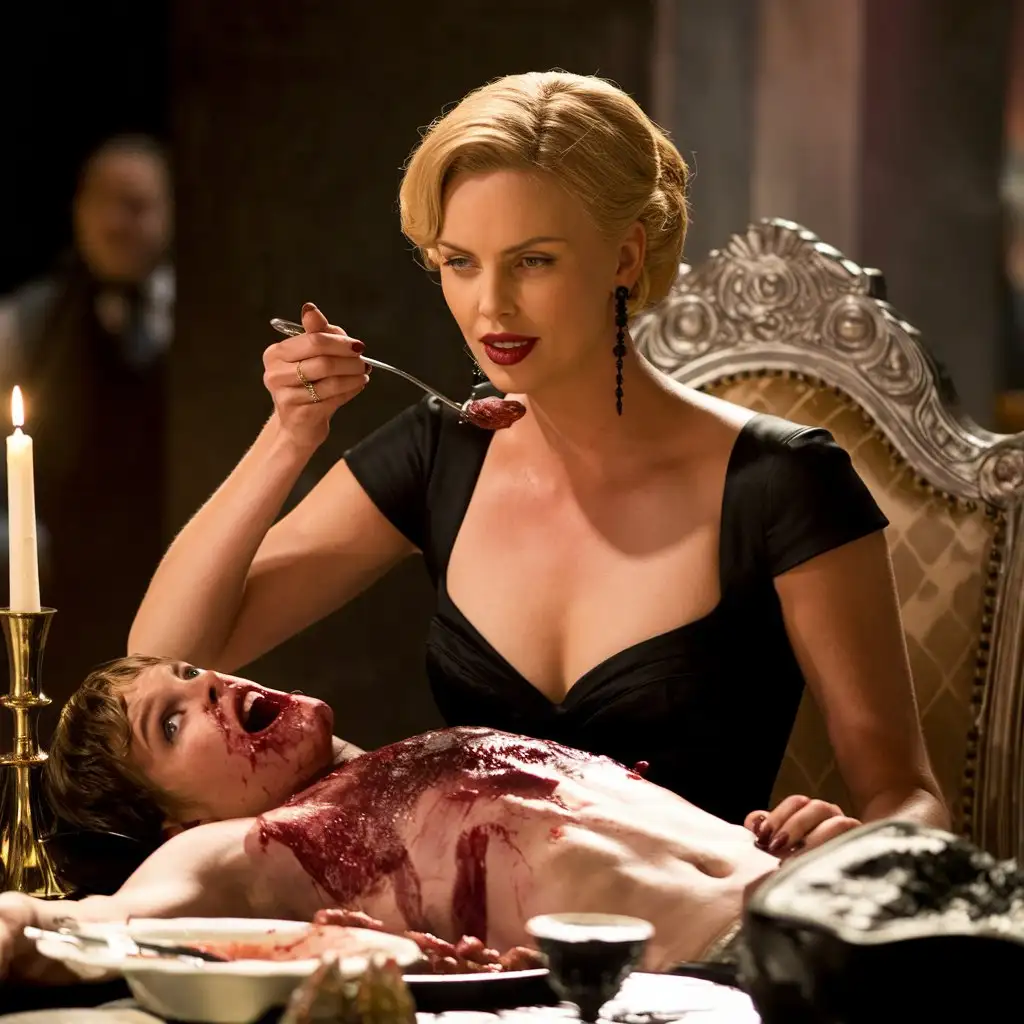 Charlize-Theron-at-High-Table-Feasting-on-Young-Man-with-Sinister-Seduction