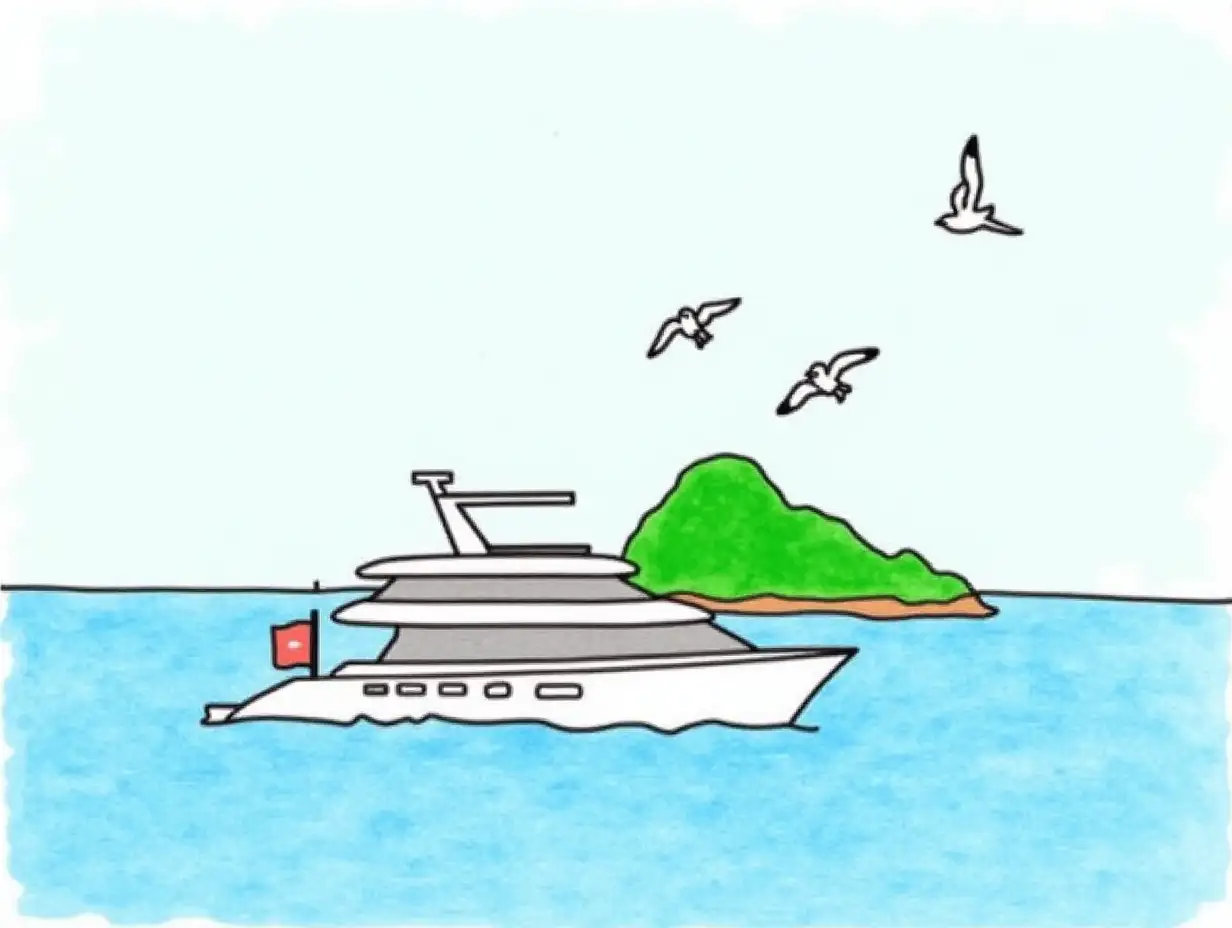 Draw a yacht sailing on the high sea, with a green island in front of the yacht, and three or four seagulls flying in the sky