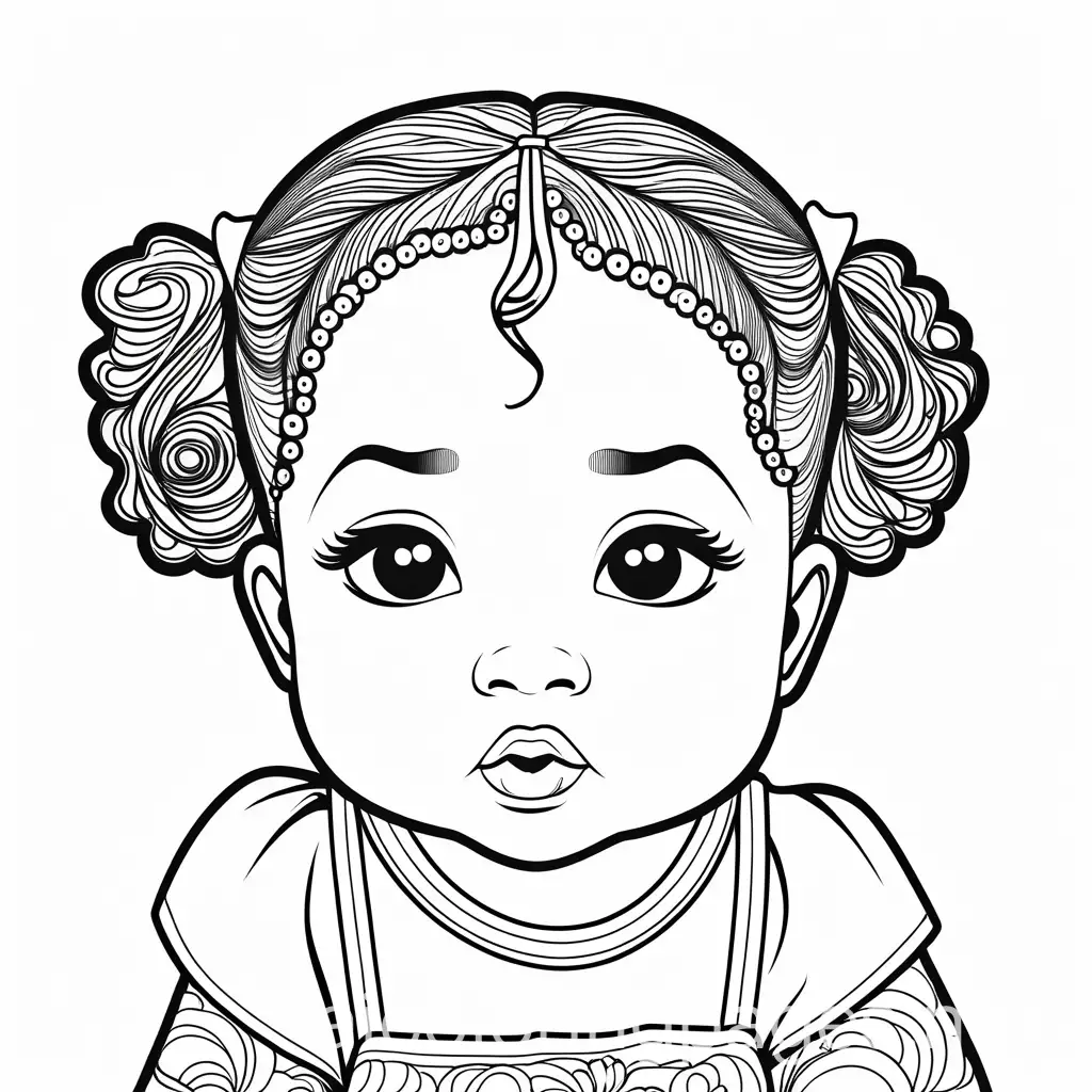 1 year old black girl showing fear, Coloring Page, black and white, line art, white background, Simplicity, Ample White Space. The background of the coloring page is plain white to make it easy for young children to color within the lines. The outlines of all the subjects are easy to distinguish, making it simple for kids to color without too much difficulty