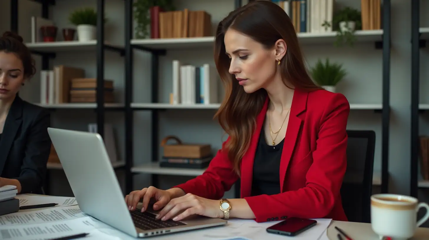 Focused Businesswoman Working in a Crowded Modern Newspaper Office