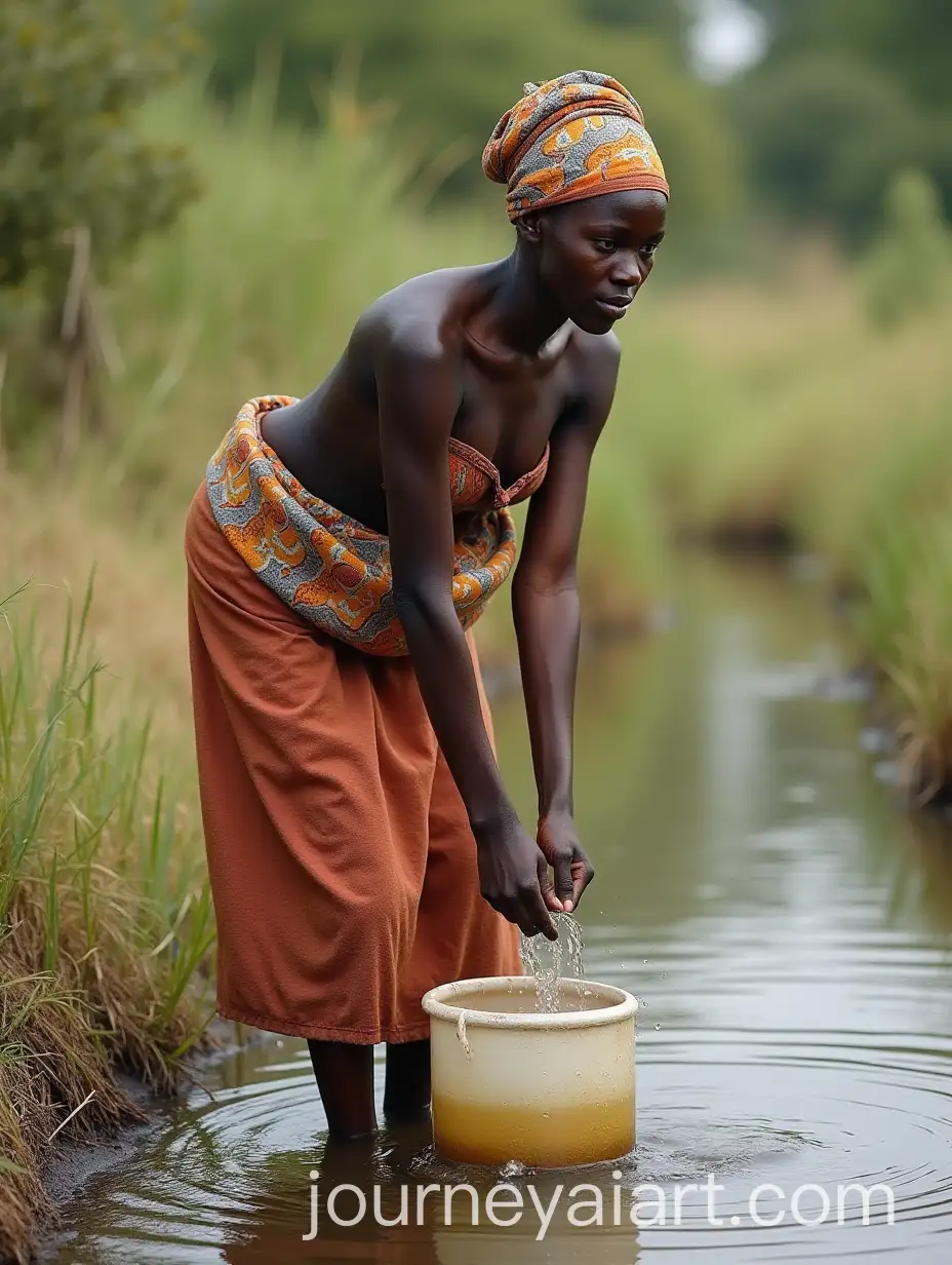 African-Woman-Collecting-Water-at-Stream-Edge-in-Traditional-Attire