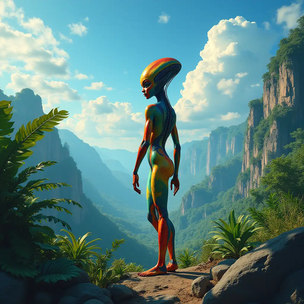 Alien woman colorful skin on a planet with rainforest,see blue sky clouds