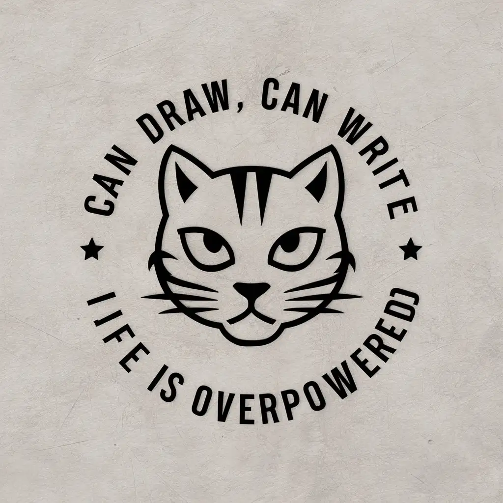 a vector logo design,with the text "Can draw, can write, life is overpowered", main symbol:cat,Moderate,be used in Internet industry,clear background