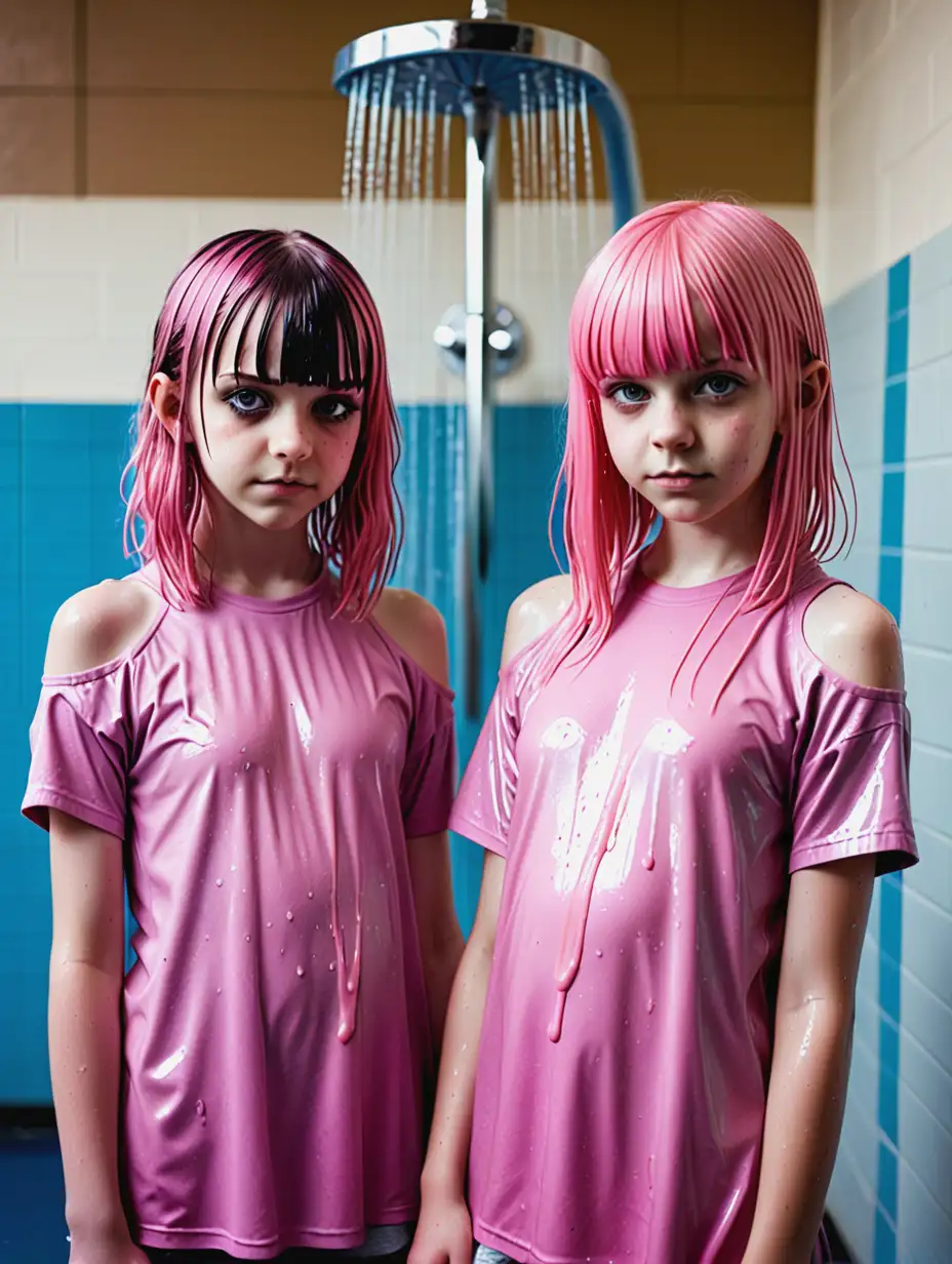 Two-Adorable-Young-Girls-Standing-in-a-Middle-School-Gym-Shower-with-Wet-Shiny-Skin-Gothic-Style