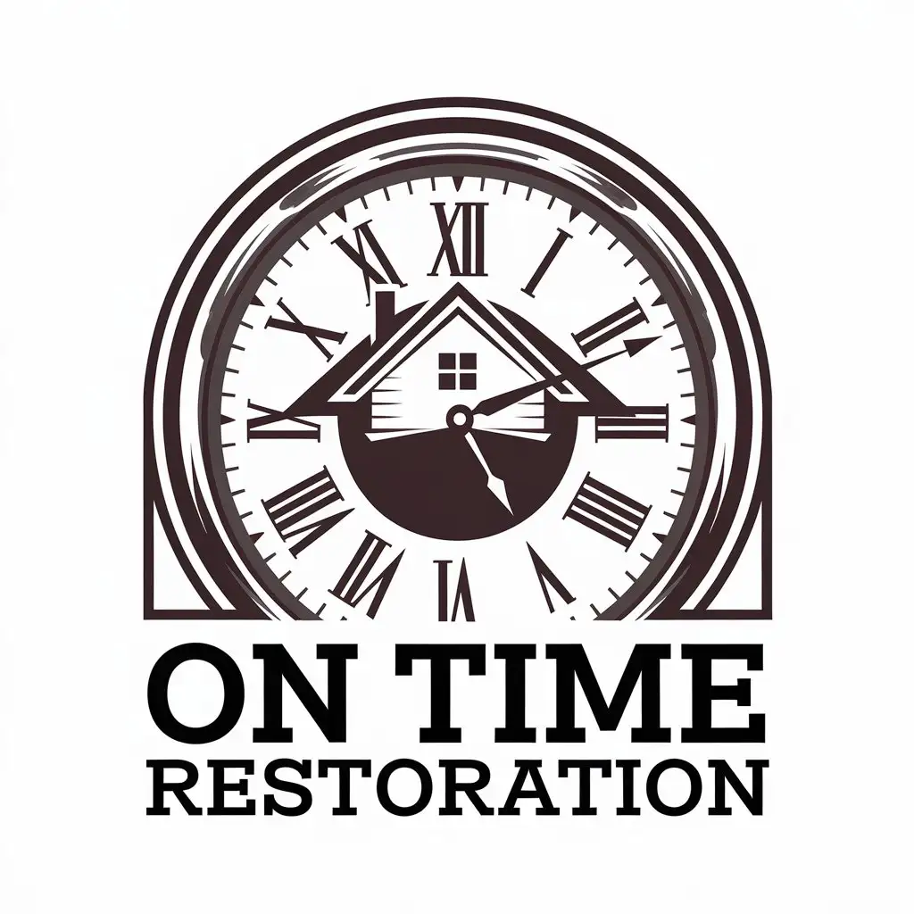 LOGO Design for On Time Restoration Old School Clock House Symbol for Construction Industry