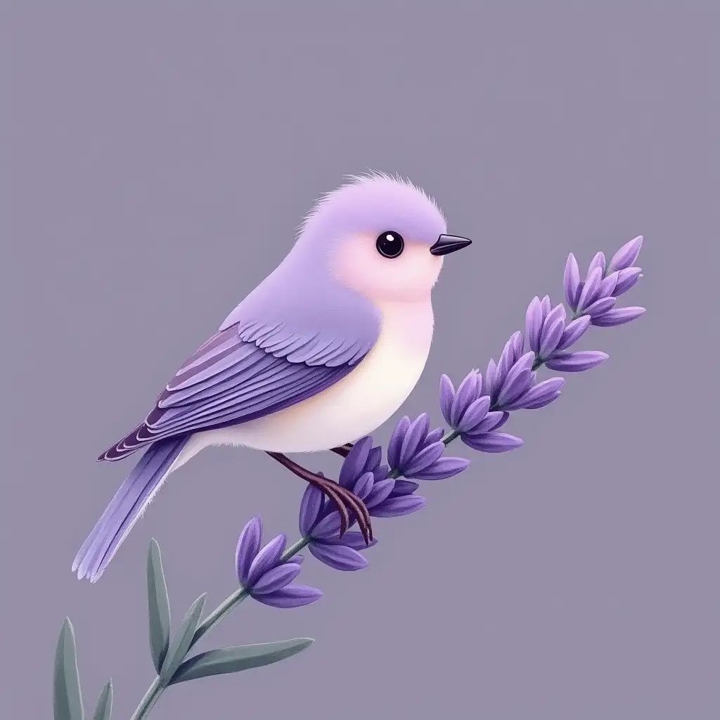 A small delicate bird sits on a sprig of lavender, its feathers colored in soft pastel tones - with a hint of lavender purple.  Lavender flowers add a bright purple tint, the color is bright and saturated.