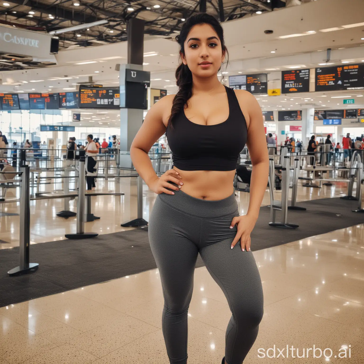 Curvy Indian Woman in Tight Crop Top and Yoga Pants at the Airport with boobs show in