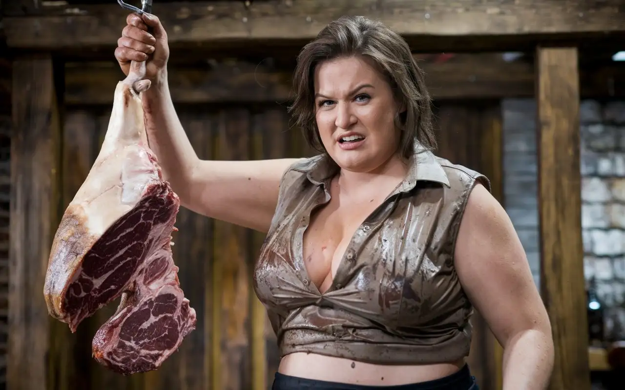 Seductive-Butcher-Woman-Carving-Carcass-in-Grungy-Setting