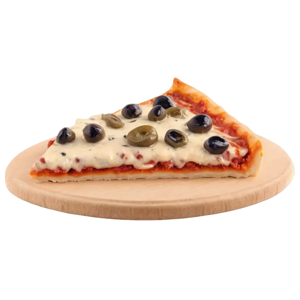 HighQuality-PNG-Image-of-a-Slice-of-Cheese-Pizza-with-Olives-on-a-Wooden-Board