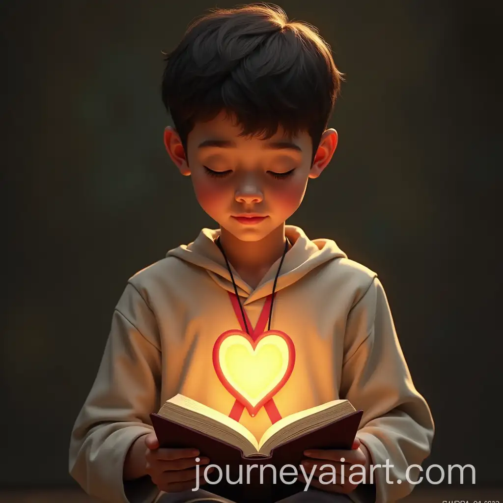 Boy-Reading-the-Quran-with-HeartShaped-Ribbon-on-Chest