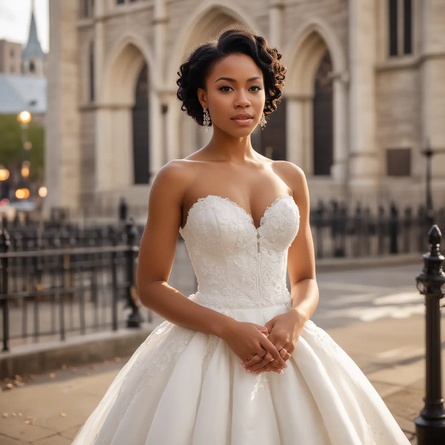 Full length Portrait of a African American bride, model, light skin complexion,  black hair, white bridal dress featuring a sweetheart neckline, church, blurred metropolitan background . The overall atmosphere of the image is empowering.