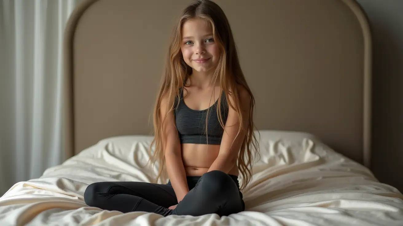 A young girl with long hair, very pale skin and large chest, leggings and sports bra, sitting on a silk bed