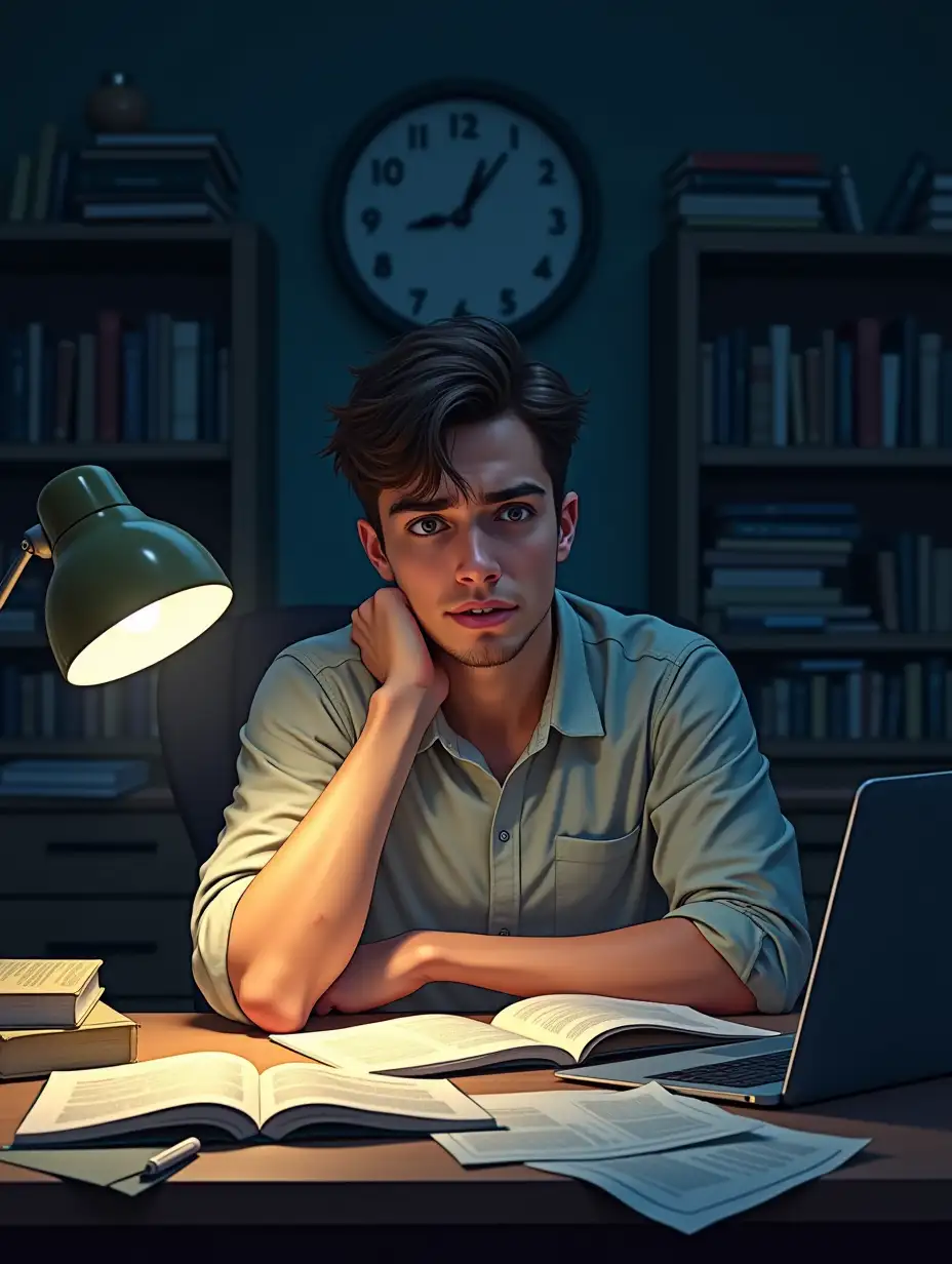 Young-Man-Studying-Under-Stress-Surrounded-by-Books-and-Papers