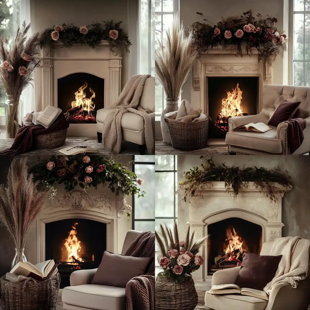 Cozy-Elegant-Living-Room-with-Beige-Fireplace-and-Lush-Greenery