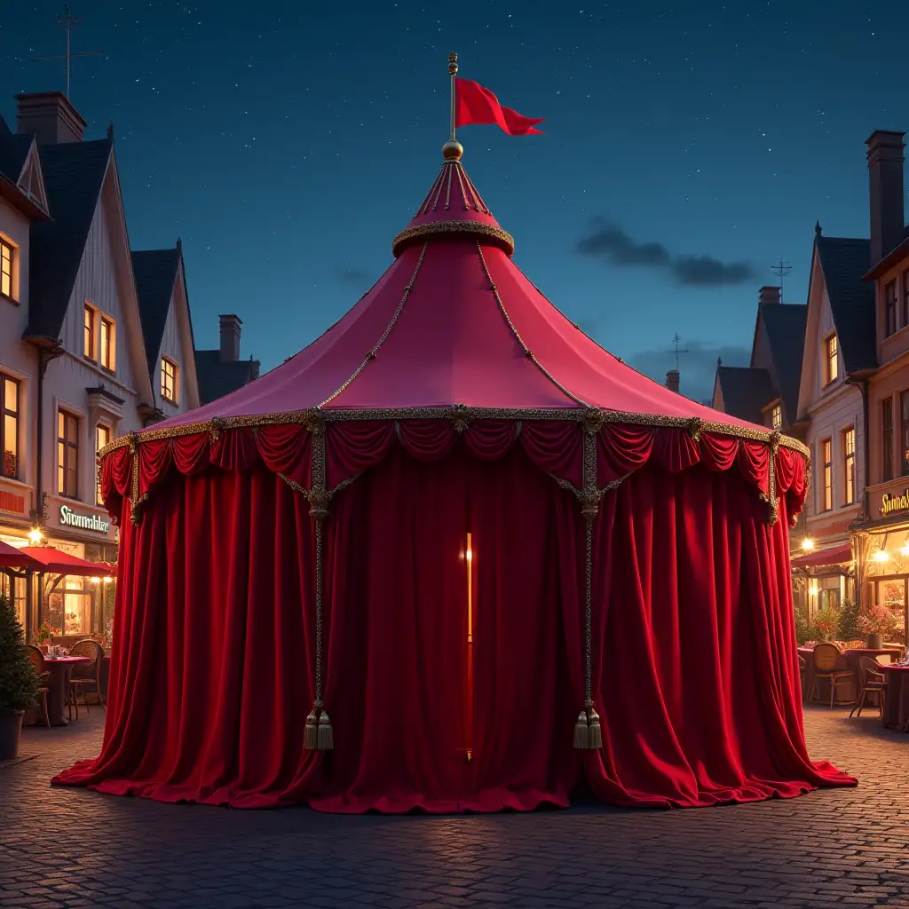 Fairy-Tale-Red-Velvet-Tent-in-a-Marketplace-at-Night