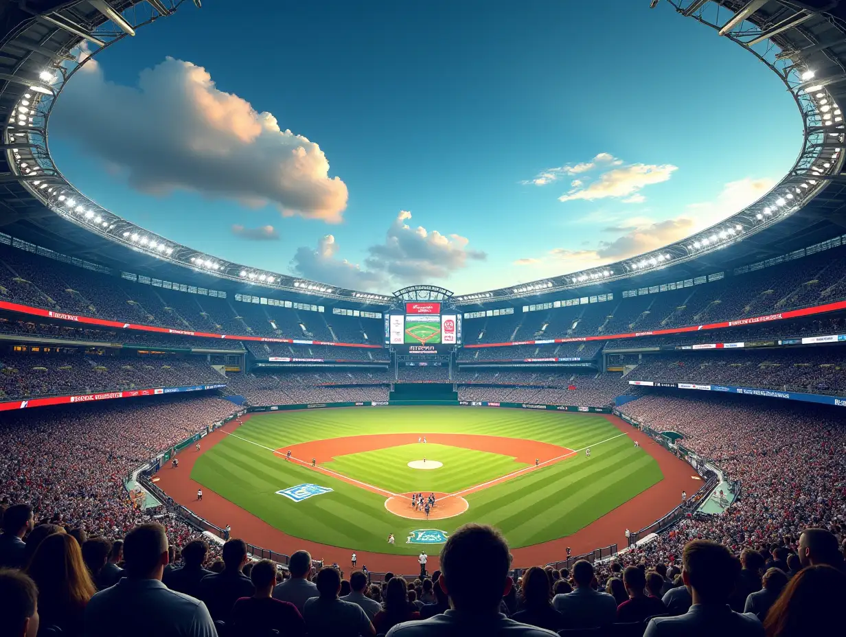 at a huge and magnificent international baseball stadium, the seats are full of spectators, lively and noisy atmosphere, character animated style