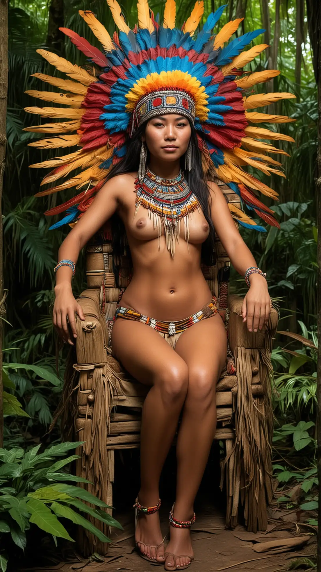 Tanned-Asiatic-Chieftess-with-Colorful-Feathers-Sitting-on-Throne-in-Jungle