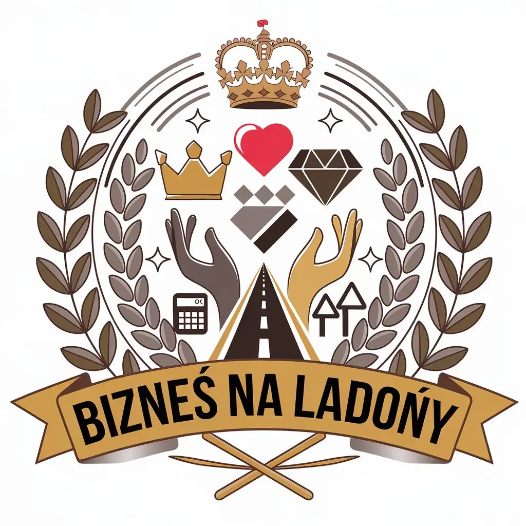 LOGO Design For Biznes na Ladony Elegant Gold Grain Crown and Heart Symbols with Calculator and Road Motif