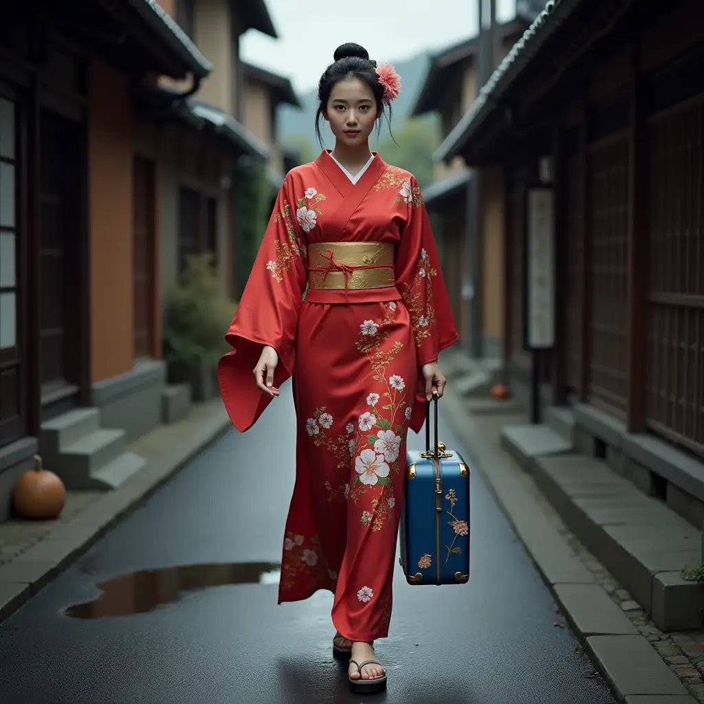 Young-Woman-in-Red-Kimono-Walking-on-Narrow-Japanese-Village-Street