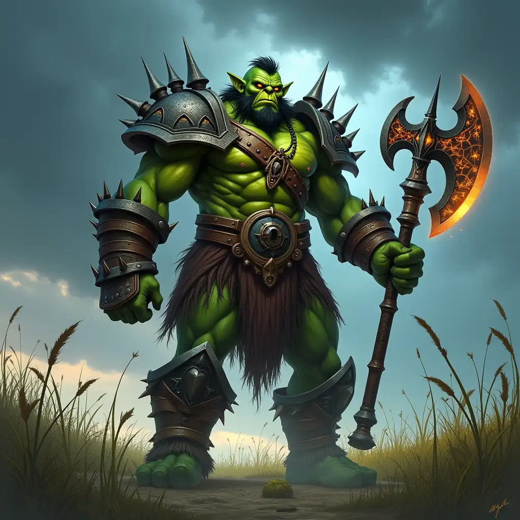 Create a highly detailed, heroic fantasy character inspired by the Warcraft universe. The character is a towering, muscular orc with green skin, glowing yellow eyes, and ornate tribal armor adorned with spikes and leather straps. He wields a massive, battle-worn two-handed axe with intricate engravings glowing faintly with fiery runes. The warrior stands in an open field of tall, windswept grass under a stormy sky, with dark clouds gathering above