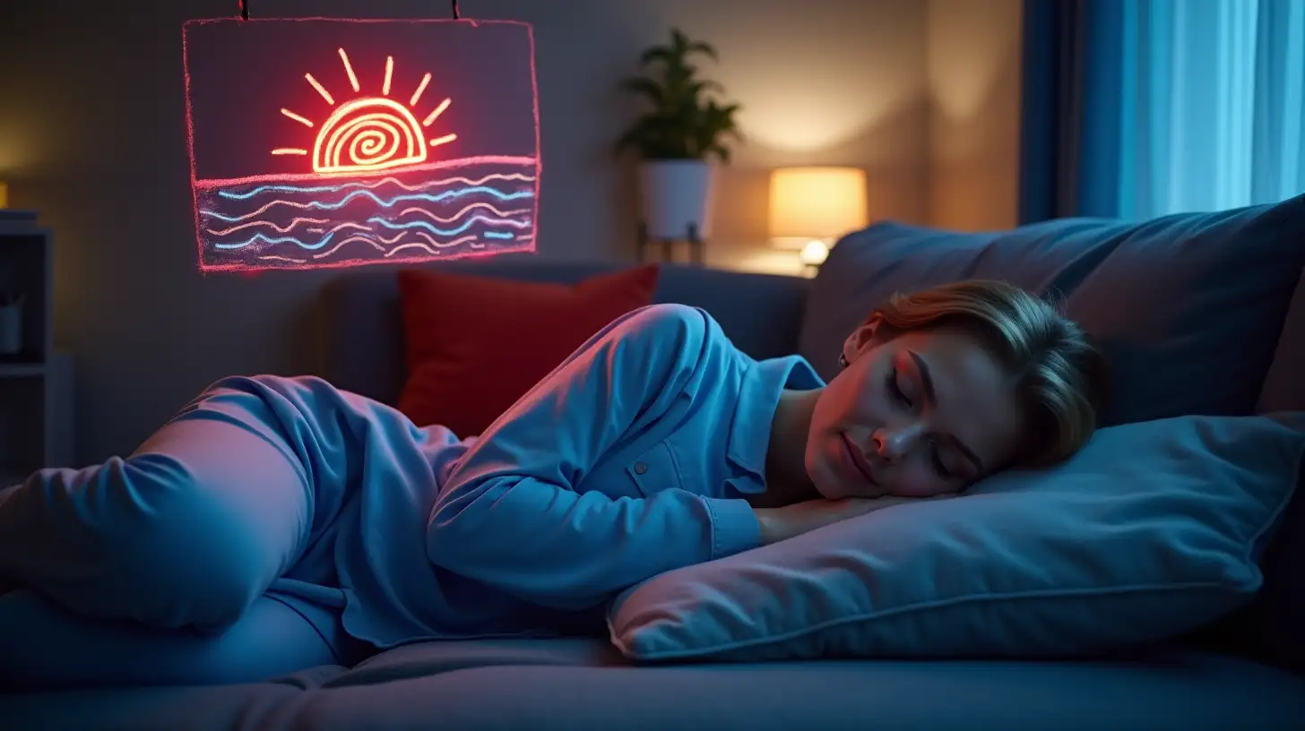 Woman sleeping on couch at dawn, she is dressed in blue pajamas, behind her a crayon kid's drawing of sunrise floats in air, the drawing emits neon light, she is in living room with blue, red, grey, and white elements