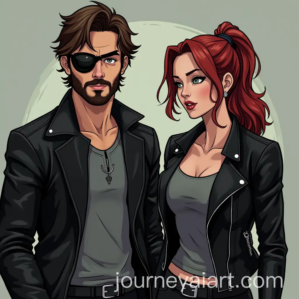 Xander-Harris-with-Eyepatch-and-Beard-alongside-Natasha-Romanoff-in-Grey-Tanktop-and-Black-Leather-Jacket