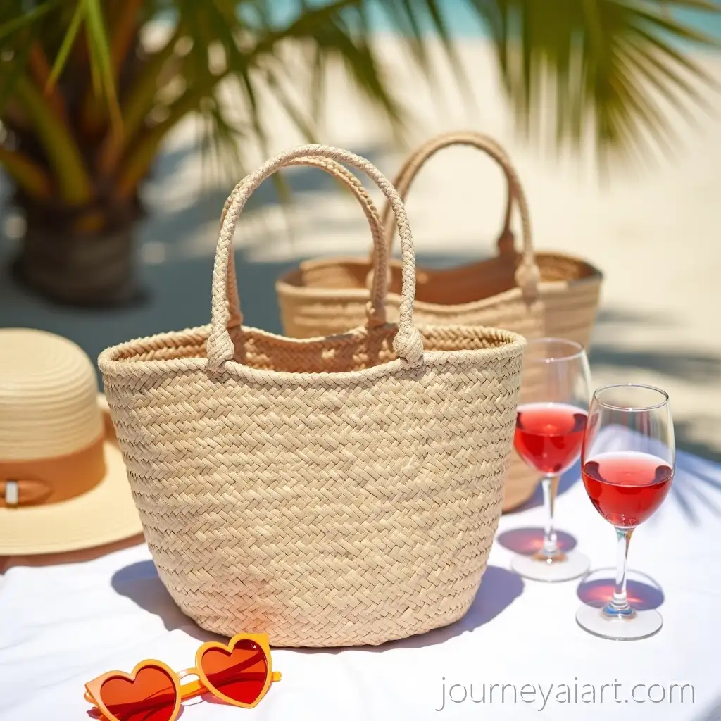 Woven-Beige-Tote-Bags-Rose-Wine-Glasses-and-Summer-Accessories-on-the-Beach